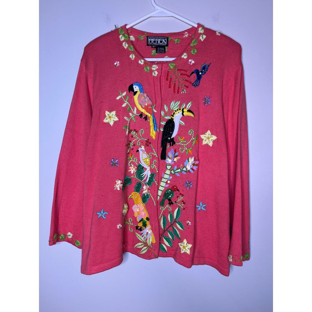 NWT 2000s Berek Tropical Birds Parrot Resort 3D Sequin‎ Maximalist Cardigan XL